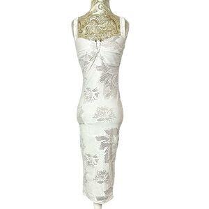Stretchy Bodycon White Lace Sheen Floral Midi Party Cocktail Dress Size Small